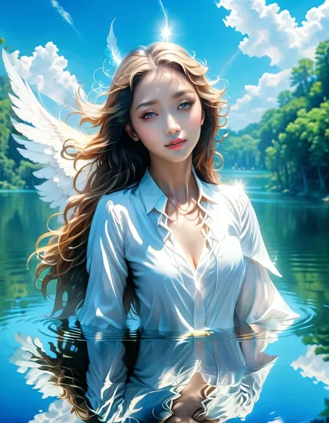 a picture of a female angel flying over a lake ((the angel's reflection mirrored perfectly in the lake: 1.5)), full body shot, a...