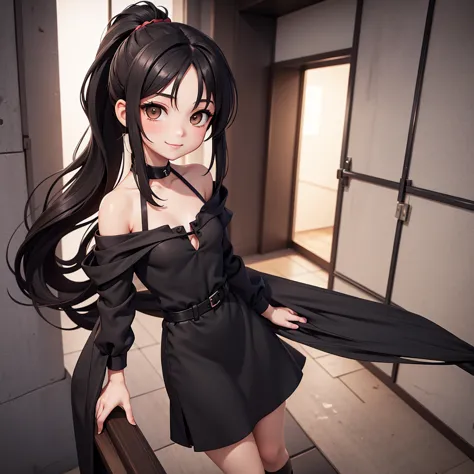 chibi a beautiful young woman with small aesthetic breasts, long black hair in a ponytail, brown eyes, a pretty face, wearing a ...