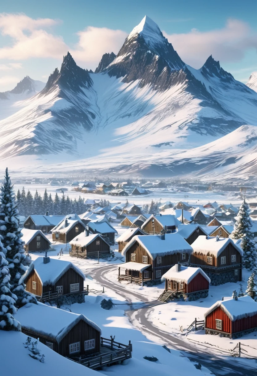 Make me a winter town inspired by Iceland and Norway, with icy mountains in the background, forest with tundra, winter forests, fancy, rustic houses, RPG, modern norse mythology.