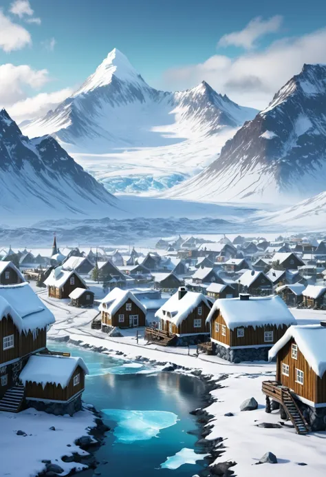 make me a winter town inspired by iceland and norway, with icy mountains in the background, forest with tundra, winter forests, ...