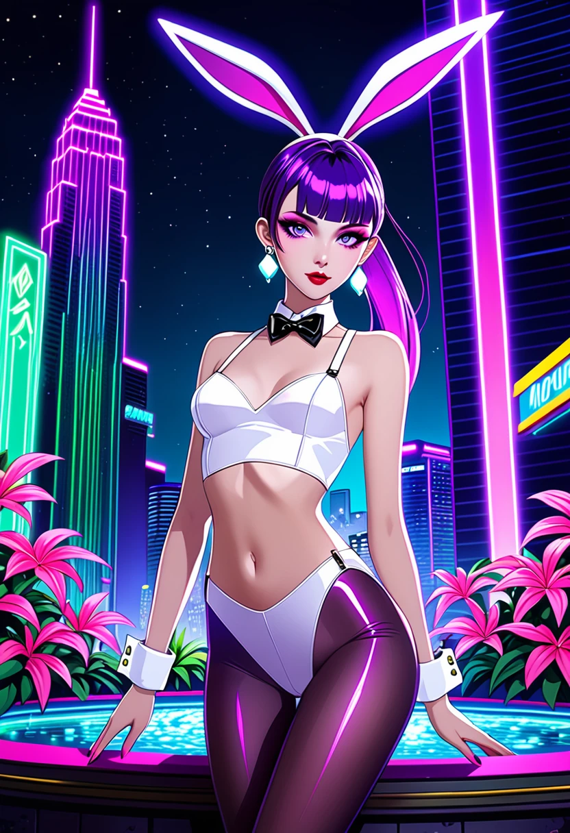 Art styles: very aesthetic, dramatic lighting, 3000K lighting, synthwave, anime, cyberpunk; character: morrigan aensland; appearance: high purple ponytail hime hair, masterpiece purple eyes, detailed large eyes pupils, Slender hips, slim stomach, thin waist, medium teardrop-shaped breasts, slim body, soft gradient two-tone hair; BREAK clothing: white BUNNY SUIT, PANTYHOSE, FAKE BUNNY EARS, WRIST CUFFS, BOWTIE; Accessories: sparkly diamond small earrings, makeup; BREAK bg: large illuminated fountain, skyscraper roof, panoramic view, deep night city, hawaii, decorations neon lights, translucid lights, green ornamental plant, side lighting, lowlight environment;