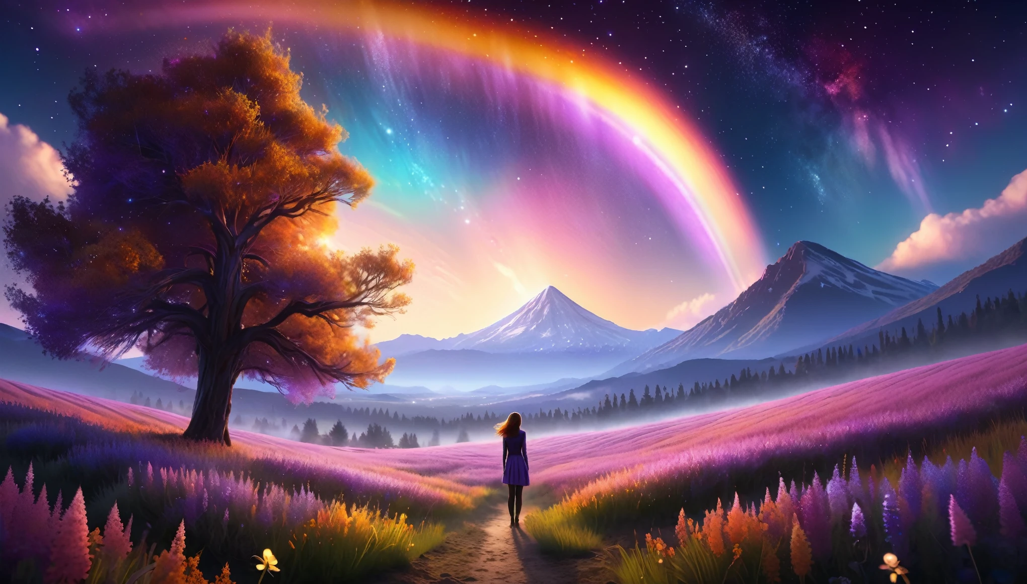 Huge landscape photo, (bottom view, sky above and open field below), A girl stands in a flower field and looks up, (Take the key: 1.2), (meteor: 0.9), (nebula: 1.3), distant mountains, BREAK Creating artistic trees, (warm light: 1.2), (fireflies: 1.2), lights, lots of purple and orange, complex parts, volumetric lighting, Realism (First job: 1.2), (better quality), 4K, ultra detailed, (dynamic compositing: 1.4), very detailed and colorful details, (rainbow colors: 1.2), (bright lighting, atmospheric lighting), dreamer, magic, (One: 1.2)