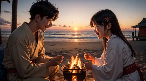 boyfriend and girlfriend dating around the campfire in the beach, hut in the right side of the picture, using tradicional japane...