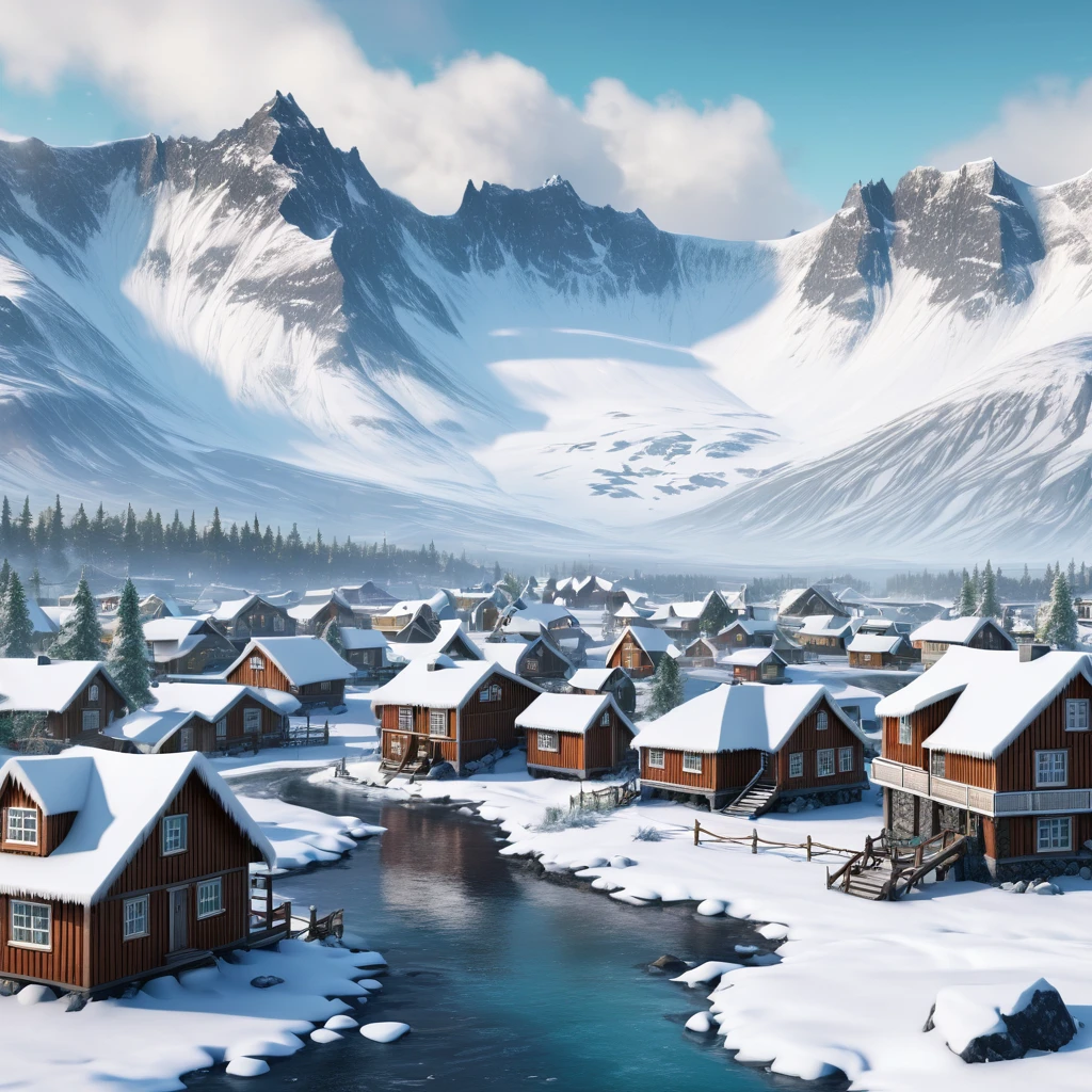 Make me a winter town inspired by Iceland and Norway, with icy mountains in the background, forest with tundra, winter forests, fancy, rustic houses, RPG, modern norse mythology, aventura e fancy.