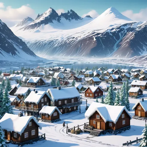 make me a winter town inspired by iceland and norway, with icy mountains in the background, forest with tundra, winter forests, ...