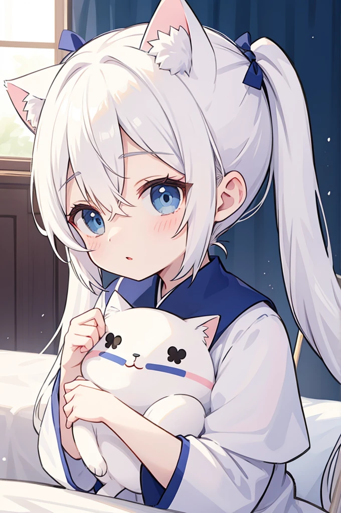 tchibi、、White hair in twin tails、Bright Blue Eyes、Cat ear、Bangs between the eyes、I&#39;m wearing transparent clothes.、cute、Bare arms、The clothes are transparent、Nipples