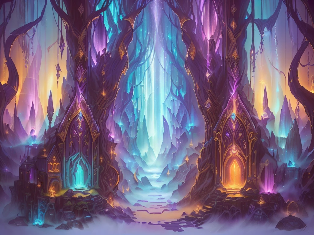 Create an e-commerce website using highly detailed stylied fantasy art for The Mystic Cavern. Use deep purples, deep blues, fire oranges, yellow gold, ethereal light blue and baby pink haze mist. Inspired by Blizzard, world of warcraft and hearthstone