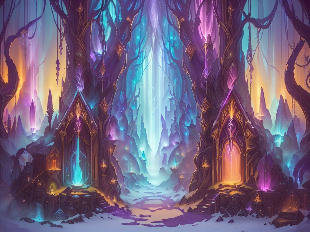 Create an e-commerce website using highly detailed stylied fantasy art for The Mystic Cavern. Use deep purples, deep blues, fire oranges, yellow gold, ethereal light blue and baby pink haze mist. Inspired by Blizzard, world of warcraft and hearthstone