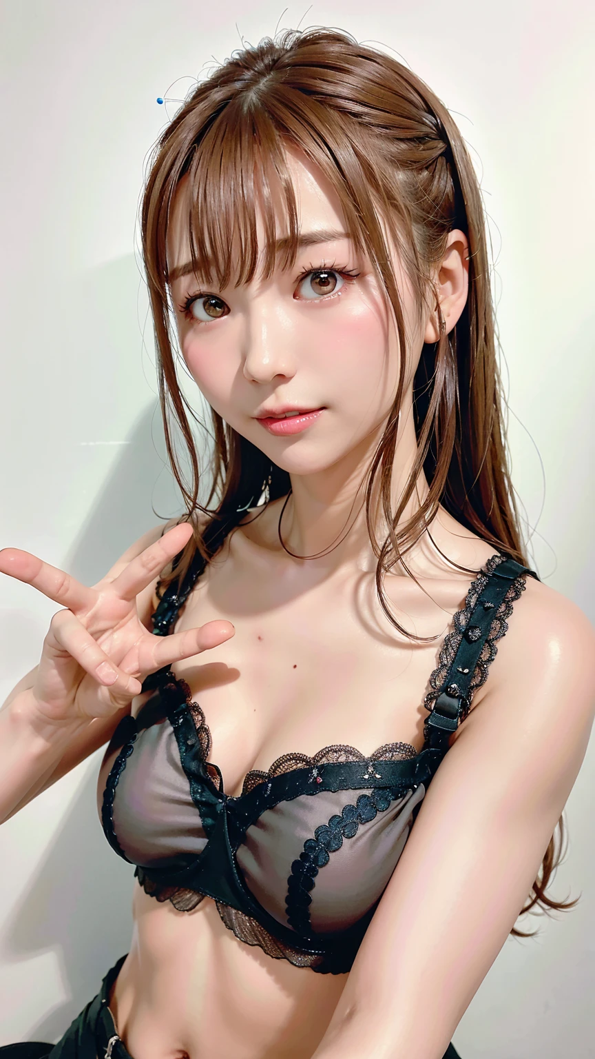 de la máxima calidad, Realista, Anatomía humana perfecta, Muy detallado, muy delicado y hermoso, foto cruda, Iluminación profesional, iluminación, Profundidad del límite escrito, enfoque único, todo el cuerpo, Japonesa flaca, mujer de 30 años, Pelo castaño, cabeza pequeña, Ojos bonitos, Cara verdadera, Realista skin, grano fino, Sujetador de encaje negro, Bragas de encaje negro,pelo largo