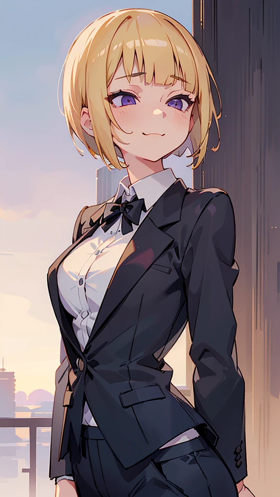 1 Girl、(blonde)、short hair、Bobcut、Blunt bangs、Beautiful purple eyes、Slender body、From the side、Upper body close-up、White shirt、Black work trousers、Black Fitted Blazer、Calm face、Mouth closed、Cheeky Smile、Squint your eyes、Park in the background、sunset、Soft lighting.