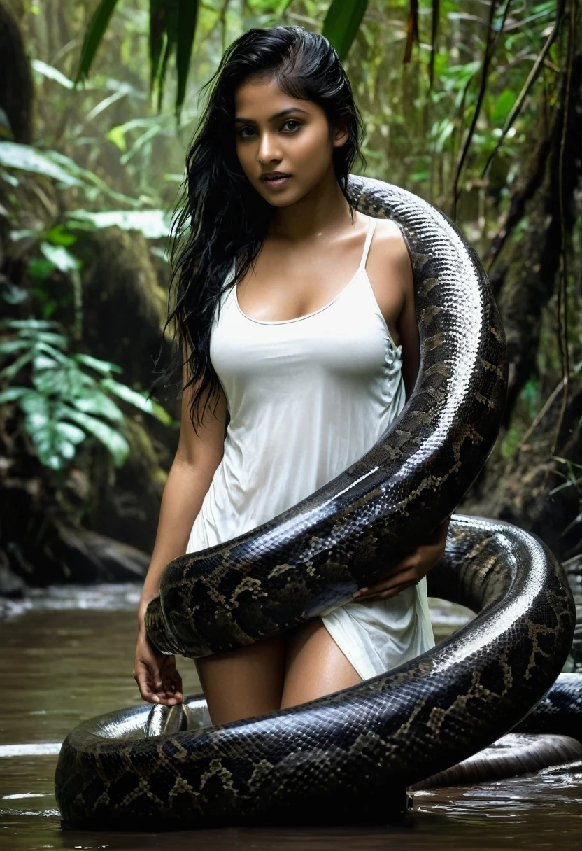  Top quality, masterpiece, super high resolution, real photo, raw photo, cute, beautiful indian young teen girl, happy expression, joy, glossy skin, dramatic lighting, full body, full body wet, dirty white tank top, sheer with thin fabric, white shirt dirty with mud, beautiful breasts, beautiful ass, butt sticking out, creepy, in the dark jungle, waterside, black large titanboa , slim, long limbs, slimy, slim Sleeping on large titanboa a large giant black titanboa wrapped around her neck, a large titanboa wrapped around her body, a titanboa’s head from between her crotches, a titanboa  and a titan’s intertwining their tongues and kissing, a girl hugging giant titanbo a girl and a large titanboa staring at each other Many large anacondas horny aroused  tentacle sex large object penetration nsfw snake tongue kissing blowjob bestiality