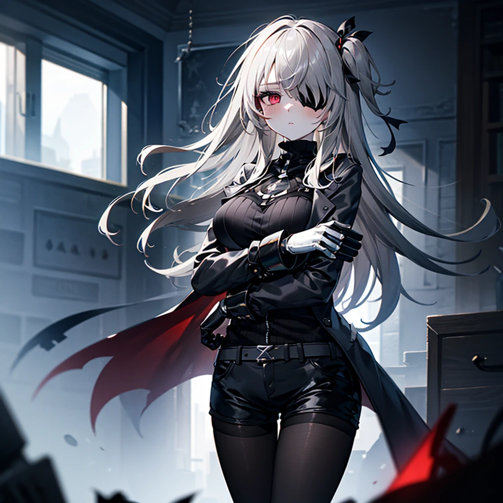 1girl, ashen_blond_hair, long_hair, bangs, eyepatch, red_eyes, two_side_up, hair_over_one_eye, blush, giant_breasts, Black_trench_coat, gauntlets, Black_pantyhose, grey_shorts, pale skin, 