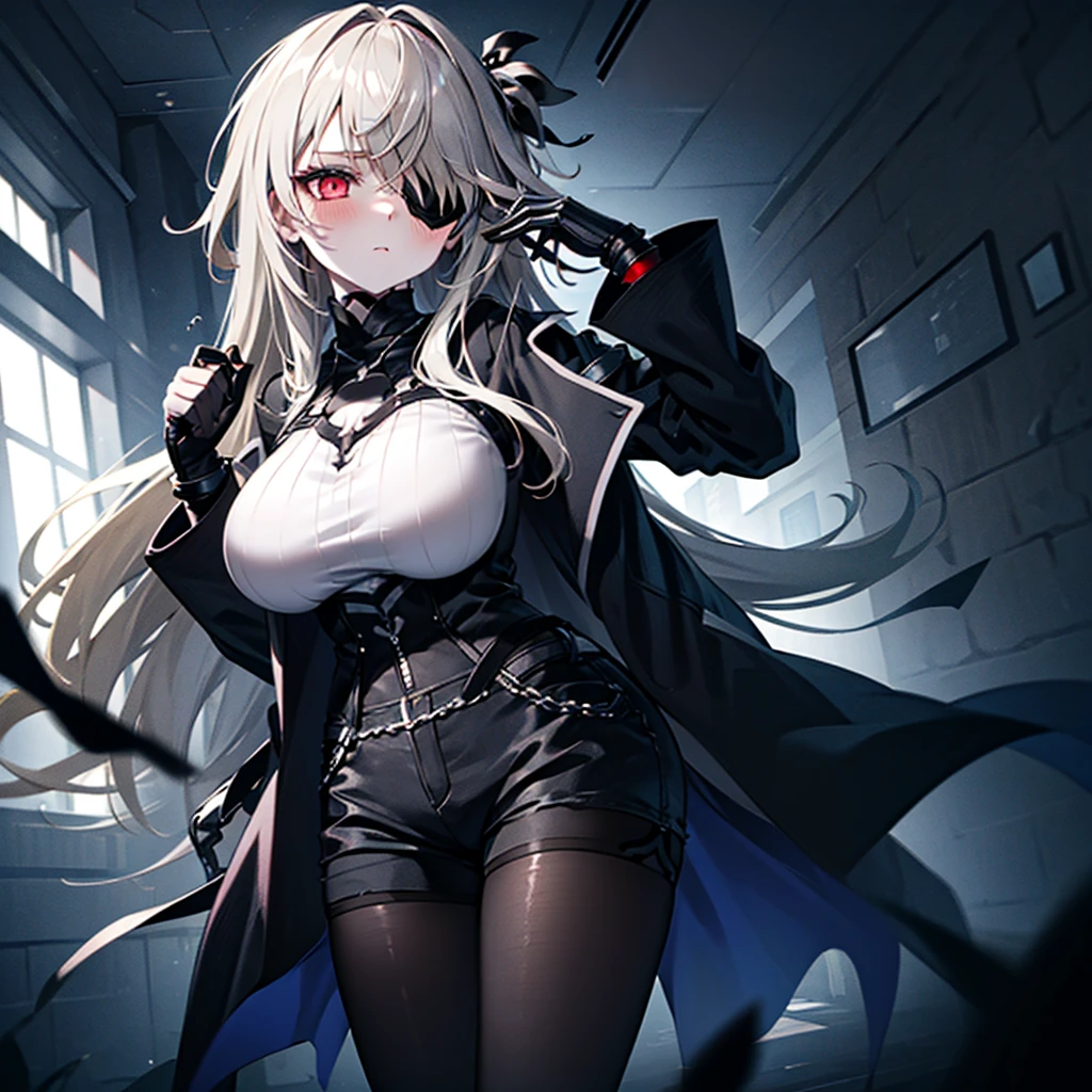 1girl, ashen_blond_hair, long_hair, bangs, eyepatch, red_eyes, two_side_up, hair_over_one_eye, blush, giant_breasts, Black_trench_coat, gauntlets, Black_pantyhose, grey_shorts, pale skin, 