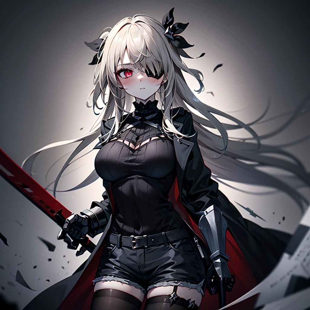 1girl, ashen_blond_hair, long_hair, bangs, eyepatch, red_eyes, two_side_up, hair_over_one_eye, blush, giant_breasts, Black_trench_coat, gauntlets, Black_pantyhose, grey_shorts, pale skin, 