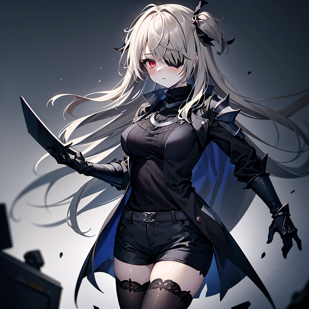 1girl, ashen_blond_hair, long_hair, bangs, eyepatch, red_eyes, two_side_up, hair_over_one_eye, blush, giant_breasts, Black_trench_coat, gauntlets, Black_stockings, grey_shorts, pale skin, 