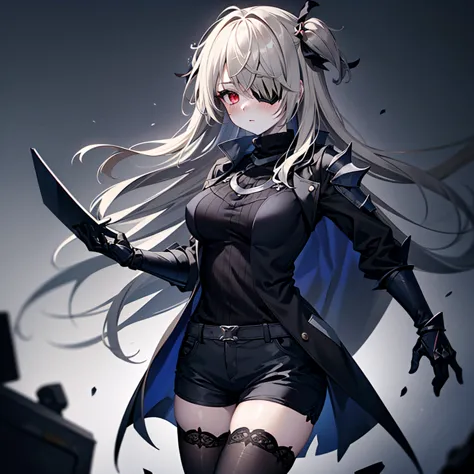 1girl, ashen_blond_hair, long_hair, bangs, eyepatch, red_eyes, two_side_up, hair_over_one_eye, blush, giant_breasts, Black_trenc...