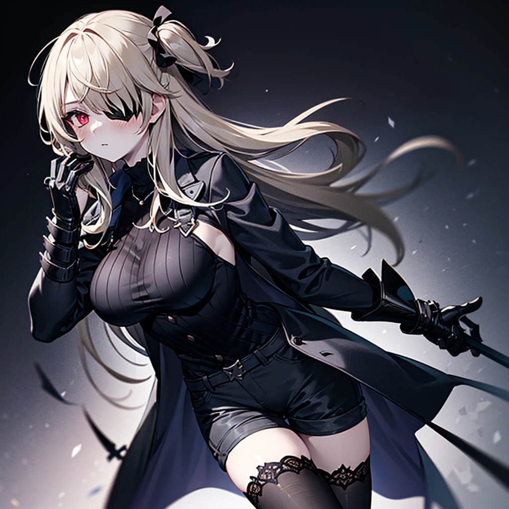 1girl, ashen_blond_hair, long_hair, bangs, eyepatch, red_eyes, two_side_up, hair_over_one_eye, blush, giant_breasts, Black_trench_coat, gauntlets, Black_stockings, grey_shorts, pale skin, 