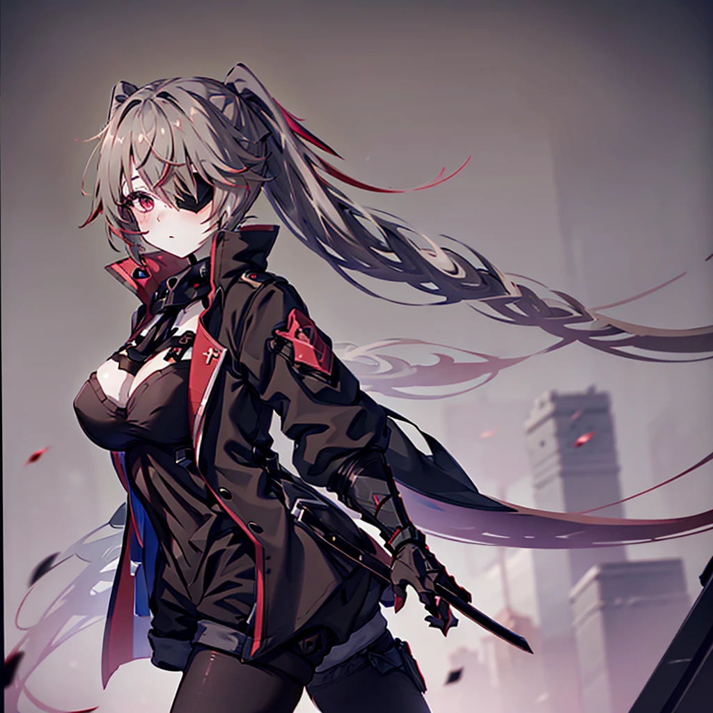 1girl, ashen_blond_hair, long_hair, bangs, eyepatch, red_eyes, two_side_up, hair_over_one_eye, blush, giant_breasts, Black_trench_coat, gauntlets, Black_pantyhose, grey_shorts, pale skin,