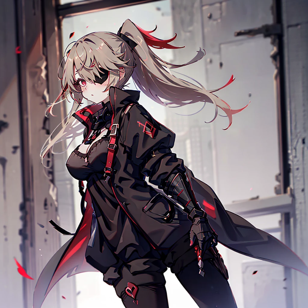 1girl, ashen_blond_hair, long_hair, bangs, eyepatch, red_eyes, two_side_up, hair_over_one_eye, blush, giant_breasts, Black_trench_coat, gauntlets, Black_pantyhose, grey_shorts, pale skin,