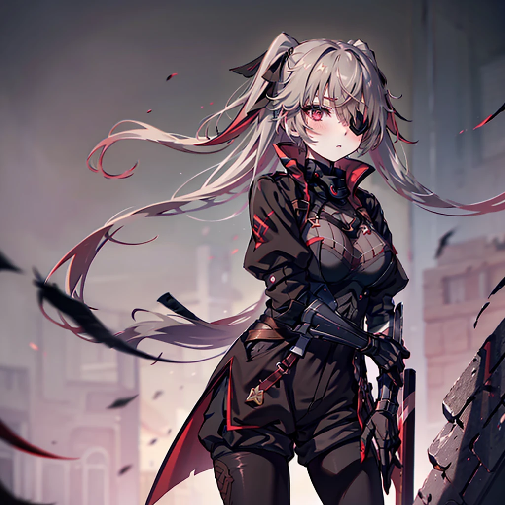 1girl, ashen_blond_hair, long_hair, bangs, eyepatch, red_eyes, two_side_up, hair_over_one_eye, blush, giant_breasts, Black_trench_coat, gauntlets, Black_pantyhose, grey_shorts, pale skin,