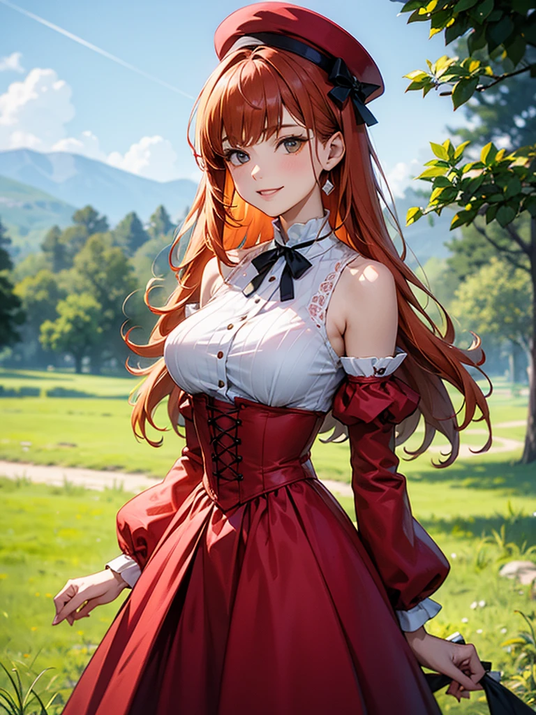 (solo), (red dress), (victorian dress), (smile), pale skin, (pale), outdoors, large breasts, happy, radiant glow, ((cowboy shot)), (holy aura), orange hair, ginger hair, bare shoulders, greenlands, open plains for background, red hat