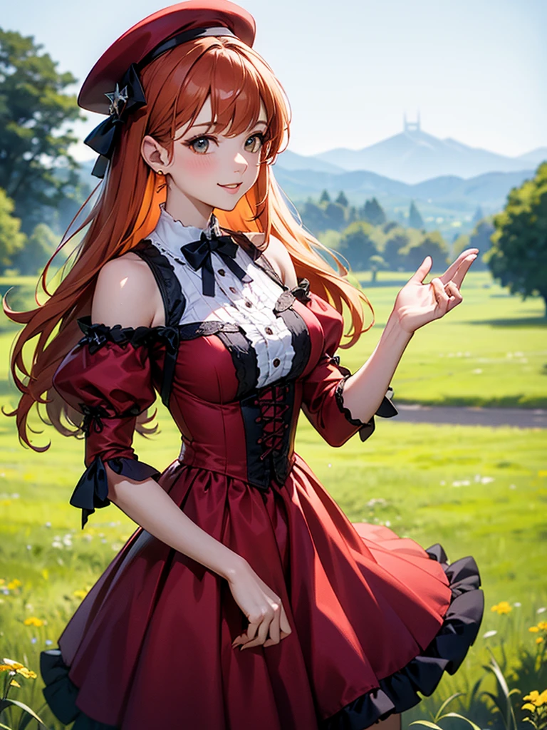 (solo), (red dress), (victorian dress), (smile), pale skin, (pale), outdoors, large breasts, happy, radiant glow, ((cowboy shot)), (holy aura), orange hair, ginger hair, bare shoulders, greenlands, open plains for background, red hat