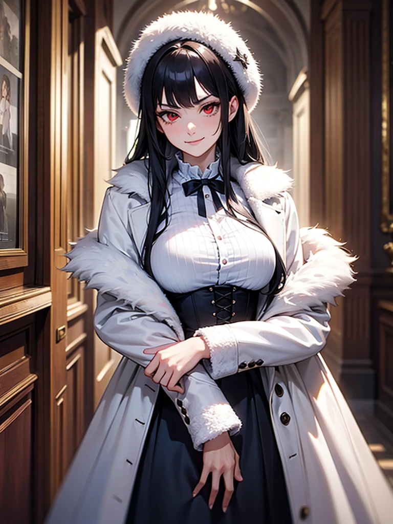 black hair, (solo), (victorian dress), (smirk), red eyes, pale skin, (pale), ((dark aura)), ((fiendish aura)), (bloody swirl in foreground), indoors, large breasts, white fur coat, (white fur coat)