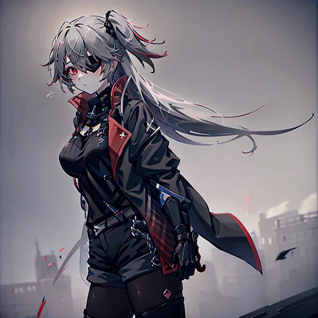 1girl, ashen_blond_hair, long_hair, bangs, eyepatch, red_eyes, two_side_up, hair_over_one_eye, blush, giant_breasts, Black_trench_coat, gauntlets, Black_pantyhose, grey_shorts, pale skin,