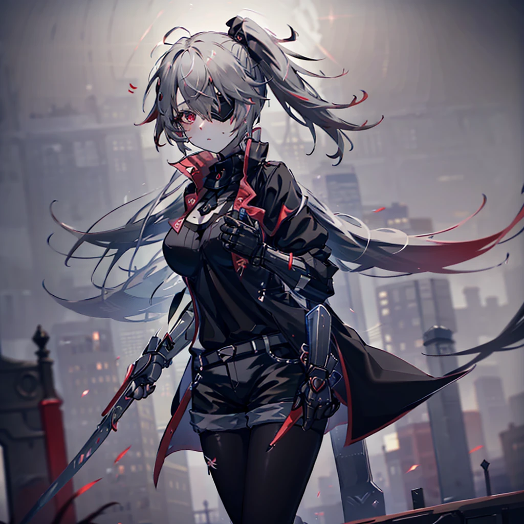 1girl, ashen_blond_hair, long_hair, bangs, eyepatch, red_eyes, two_side_up, hair_over_one_eye, blush, giant_breasts, Black_trench_coat, gauntlets, Black_pantyhose, grey_shorts, pale skin,