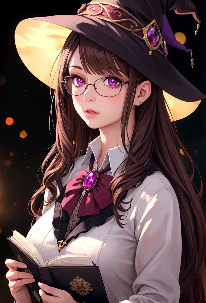 a charming brown-haired girl, detailed eyes, detailed lips, beautiful detailed face, round black-framed glasses, magenta eyes, w...