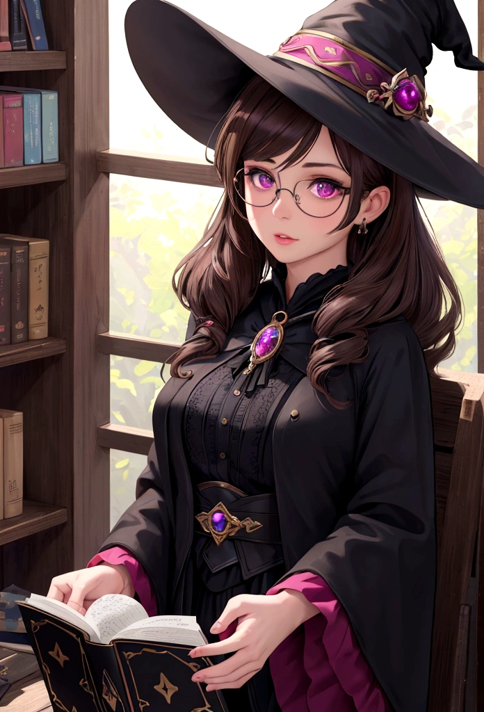 a charming brown-haired girl, detailed eyes, detailed lips, beautiful detailed face, round black-framed glasses, magenta eyes, witch outfit, witch hat, magic wand, shy and startled expression, floating books, best quality,4k,8k,highres,masterpiece:1.2,ultra-detailed,realistic,photorealistic,photo-realistic:1.37,HDR,UHD,studio lighting,ultra-fine painting,sharp focus,physically-based rendering,extreme detail description,professional,vivid colors,bokeh,fantasy,magic