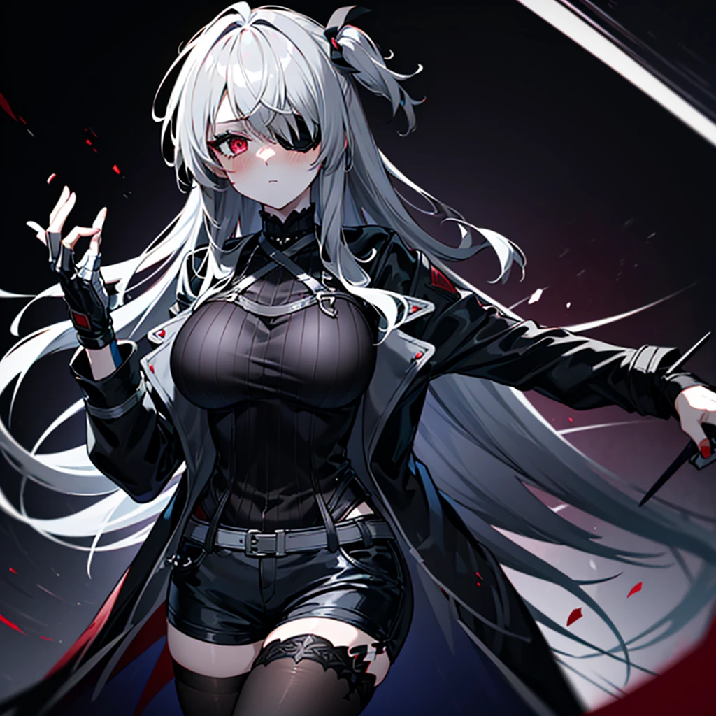 1girl, ashen_blond_hair, long_hair, bangs, eyepatch, red_eyes, two_side_up, hair_over_one_eye, blush, giant_breasts, Black_trench_coat, gauntlets, Black_pantyhose, grey_shorts, pale skin,