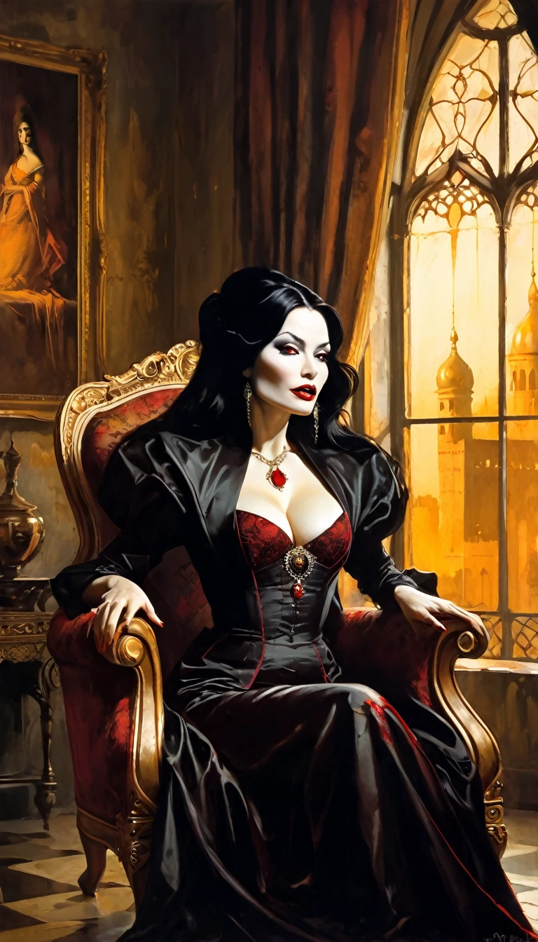 vampire girl, long black hair, middle age, full of blood, sexy middle age noble clothing, (((blood in the mouth))), slight smile, in a palace room, sitting in a luxurious armchair, large window with night view, dim light , sepia toned, (art inspired by Bill Sienkiewicz). oil painting)(best quality,4k,8k,highres,masterpiece:1.2),ultra-detailed,(realistic,photorealistic,photo-realistic:1.37),intricate details,vivid colors,sharp focus,professional,Dave McKean artwork, oil touch of surrealism,oil painting style
