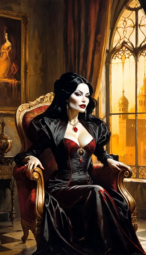 vampire girl, long black hair, middle age, full of blood, sexy middle age noble clothing, (((blood in the mouth))), slight smile...