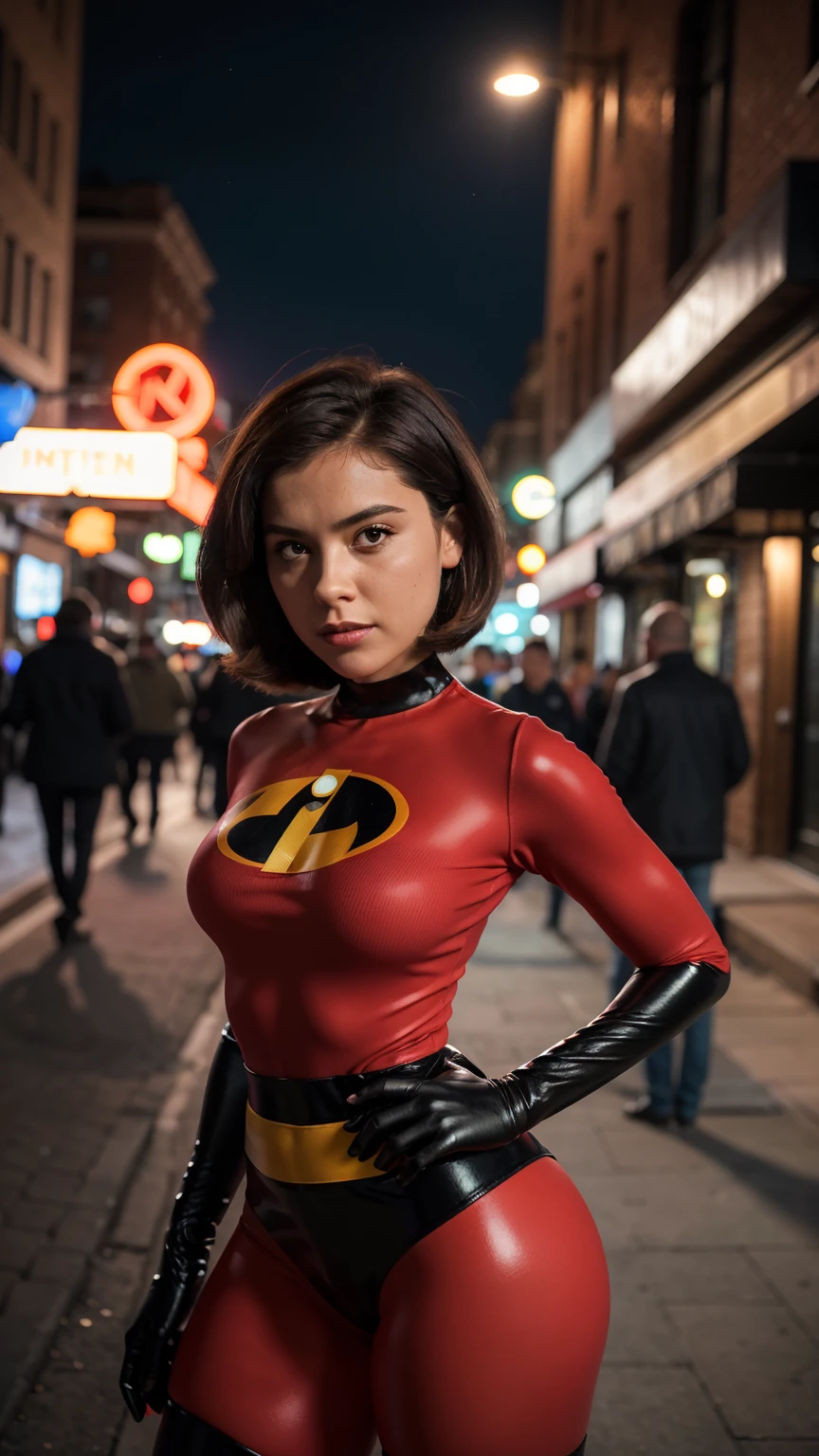 Masterpiece, (photorealistic1.4),Best quality, (solo), (1girl on night street)), (epiCRealLife), (lora:epiCFlashPhoto), (photorealistic1.4), (night scene), (night sky), (Helen Parr latex costume), (dakojohnold ), black elbow gloves), (black thighhigh), (Helen Parr bodysuit), (helen parr thighhigh) (helen parr short hair), (Helen Parr hairstyle), (outside patio), (1girl), (look at viewer), (demure), (close up), (spot light), (flashphoto, flash photography), (night time), (at night), (f/2.8), (cowboy shots), (upper body shot), (from front), (new york night street), (neon signs), (from front), (pose for pictures), 