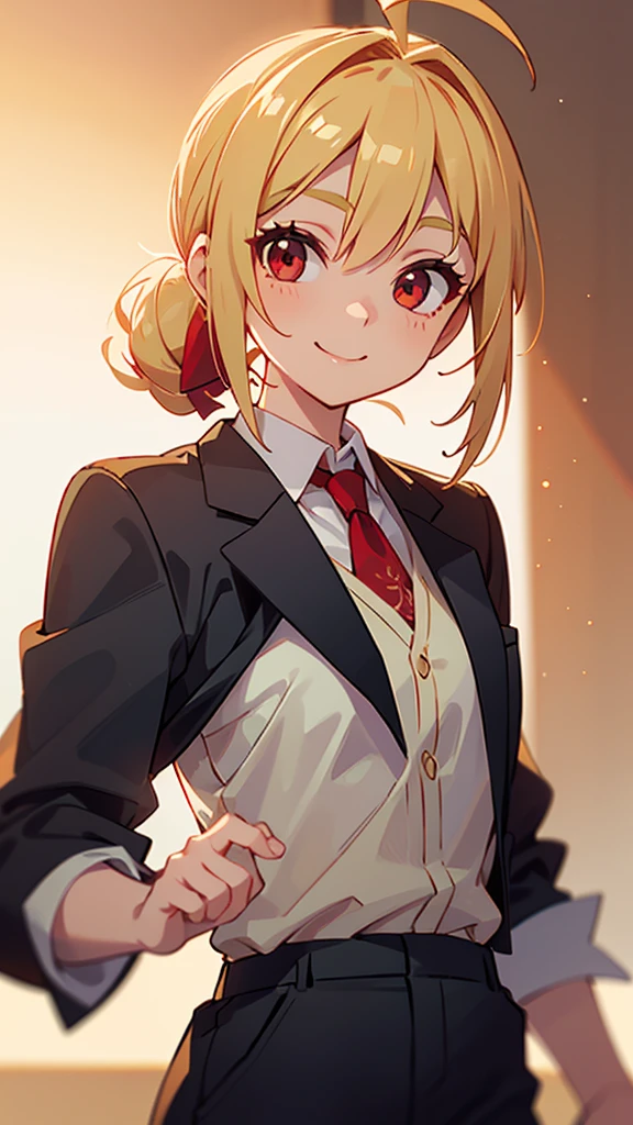 1 Girl、、Sharp focus、(Bokeh) (Highest quality) (Detailed skin:1.3) (Intricate details) (anime)、 age、Blonde ponytail、Ahoge、Beautiful red eyes、smile、White shirt、Black work trousers、Black Fitted Blazer、Slender body,Upper body close-up、Golden Hour Sky