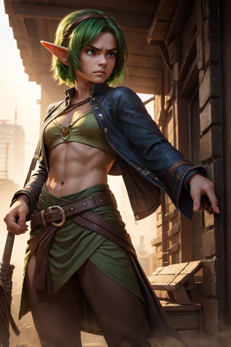 beautiful teen girl elf. with very short clothes, green hair, with angry face


