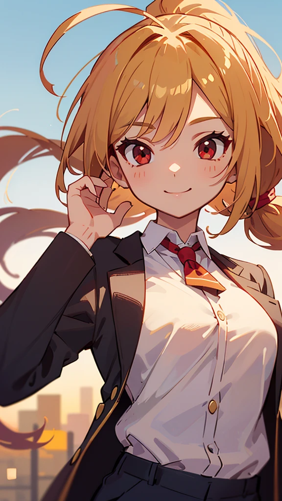 1 Girl、、Sharp focus、(Bokeh) (Highest quality) (Detailed skin:1.3) (Intricate details) (anime)、 age、Blonde ponytail、Ahoge、Beautiful red eyes、smile、White shirt、Black work trousers、Black Fitted Blazer、Slender body,Upper body close-up、Golden Hour Sky