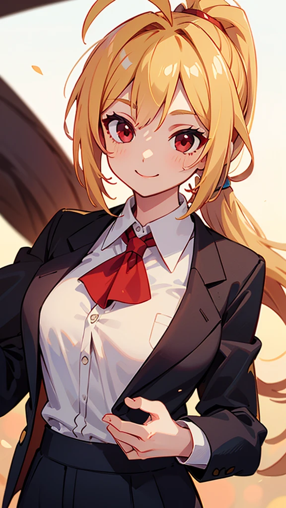 1 Girl、、Sharp focus、(Bokeh) (Highest quality) (Detailed skin:1.3) (Intricate details) (anime)、 age、Blonde ponytail、Ahoge、Beautiful red eyes、smile、White shirt、Black work trousers、Black Fitted Blazer、Slender body,Upper body close-up、Golden Hour Sky