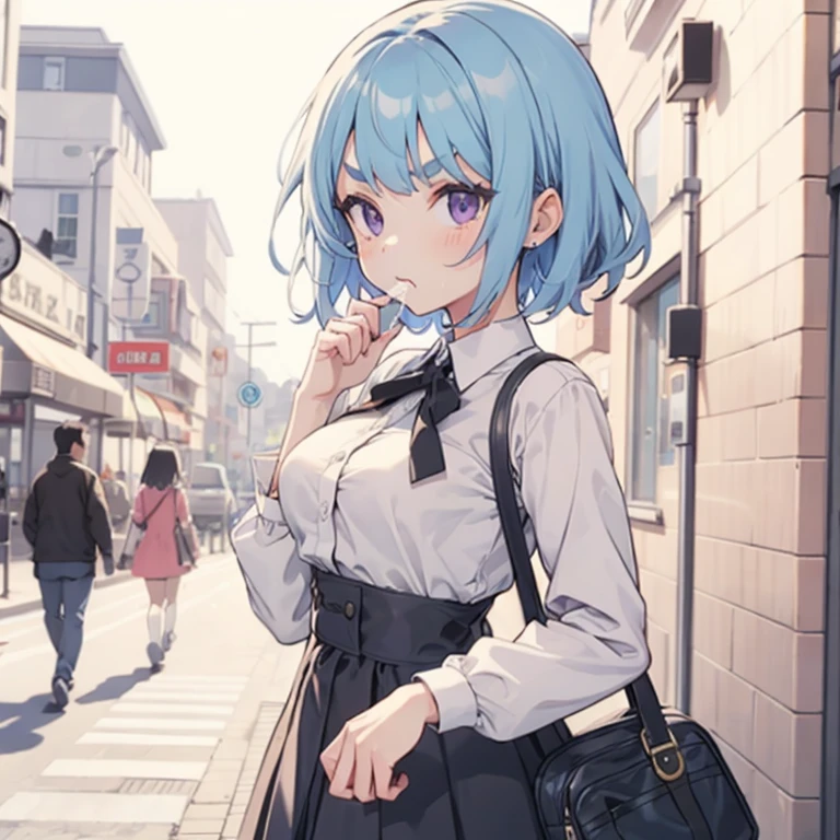 Young girl with blue hair,short straight hair and short bangs (purple eyes),, ((small bushy eyebrows)), wearing gothic lolita clothing, lolicon , medium large breast, breasts out of blouse, walking to school, bored look, bored face,, girl sucking penis cum bubbling out her mouth, in a street, girl giving a deepthroat blowjob to male, multiple vignettes