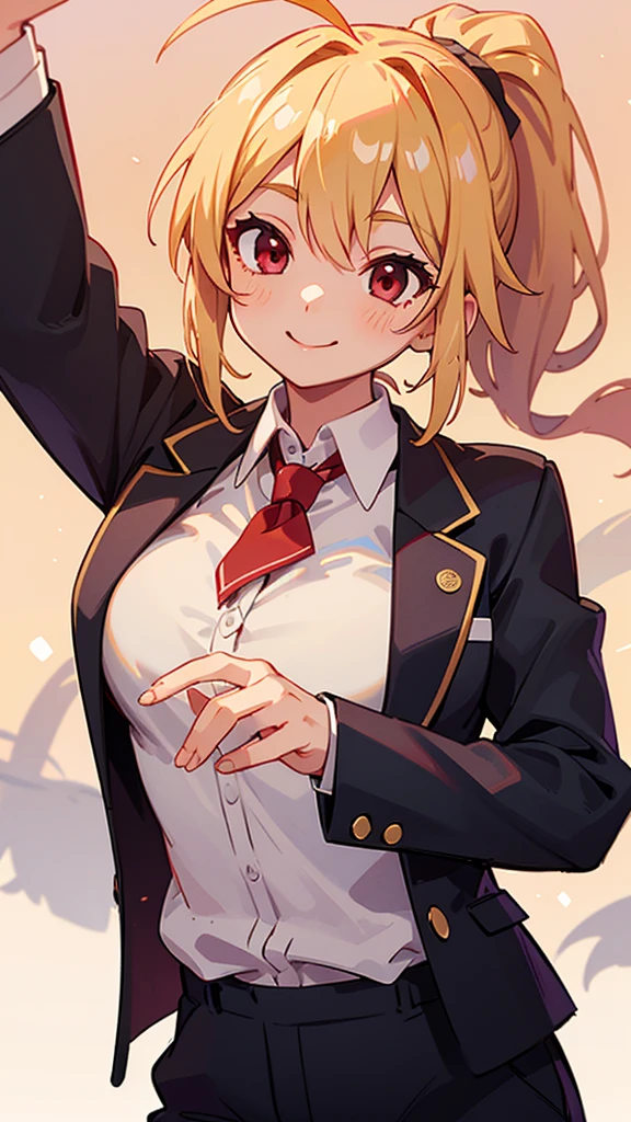 1 Girl、、Sharp focus、(Bokeh) (Highest quality) (Detailed skin:1.3) (Intricate details) (anime)、 age、Blonde ponytail、Ahoge、Beautiful red eyes、smile、White shirt、Black work trousers、Black Fitted Blazer、Slender body,Upper body close-up、Golden Hour Sky