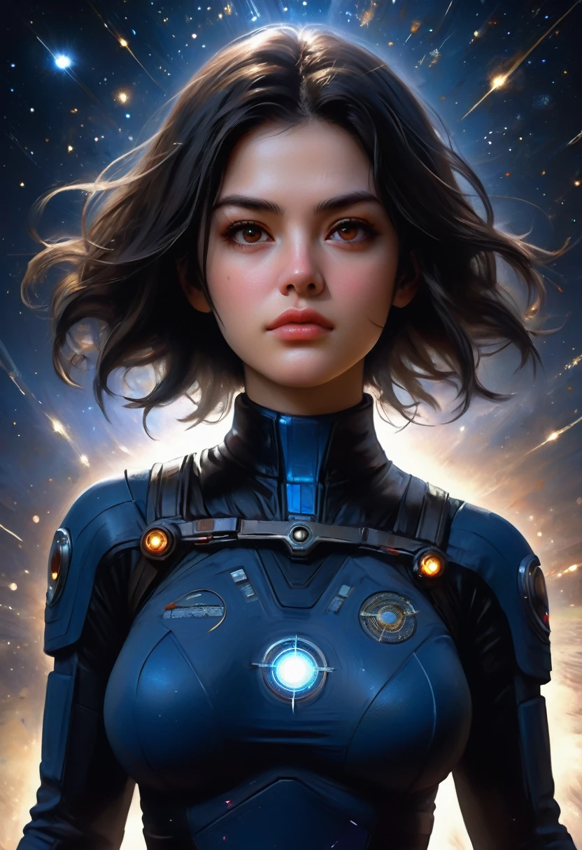 ((masterpiece, best quality)), (1woman), (solo), (female focus),(very detailed face, real image, realistic white skin, realistic body, intricate details), upper body, serious , brown eyes, looking at the viewer, black hair, medium breasts, starry night, moon, spaceships flying and shooting lasers, Background is full of the night sky battle