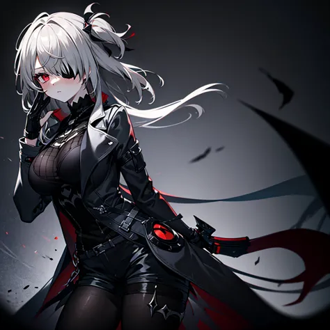 1girl, ashen_blond_hair, long_hair, bangs, eyepatch, red_eyes, two_side_up, hair_over_one_eye, blush, giant_breasts, Black_trenc...