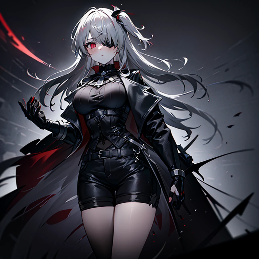 1girl, ashen_blond_hair, long_hair, bangs, eyepatch, red_eyes, two_side_up, hair_over_one_eye, blush, giant_breasts, Black_trench_coat, gauntlets, Black_pantyhose, grey_shorts, pale skin,