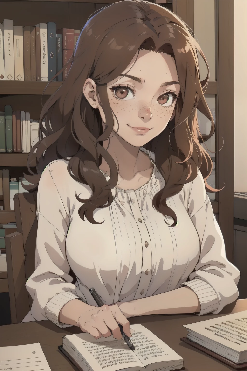 Prompt: A 50-year-old woman named Saki, no wearing. She has dark red medium-length wavy hair, with a few loose strands framing her face. She has thoughtful, contemplative eyes, a few freckles, and a relaxed smile. She is in a cozy study with bookshelves, a writing desk, and a typewriter.