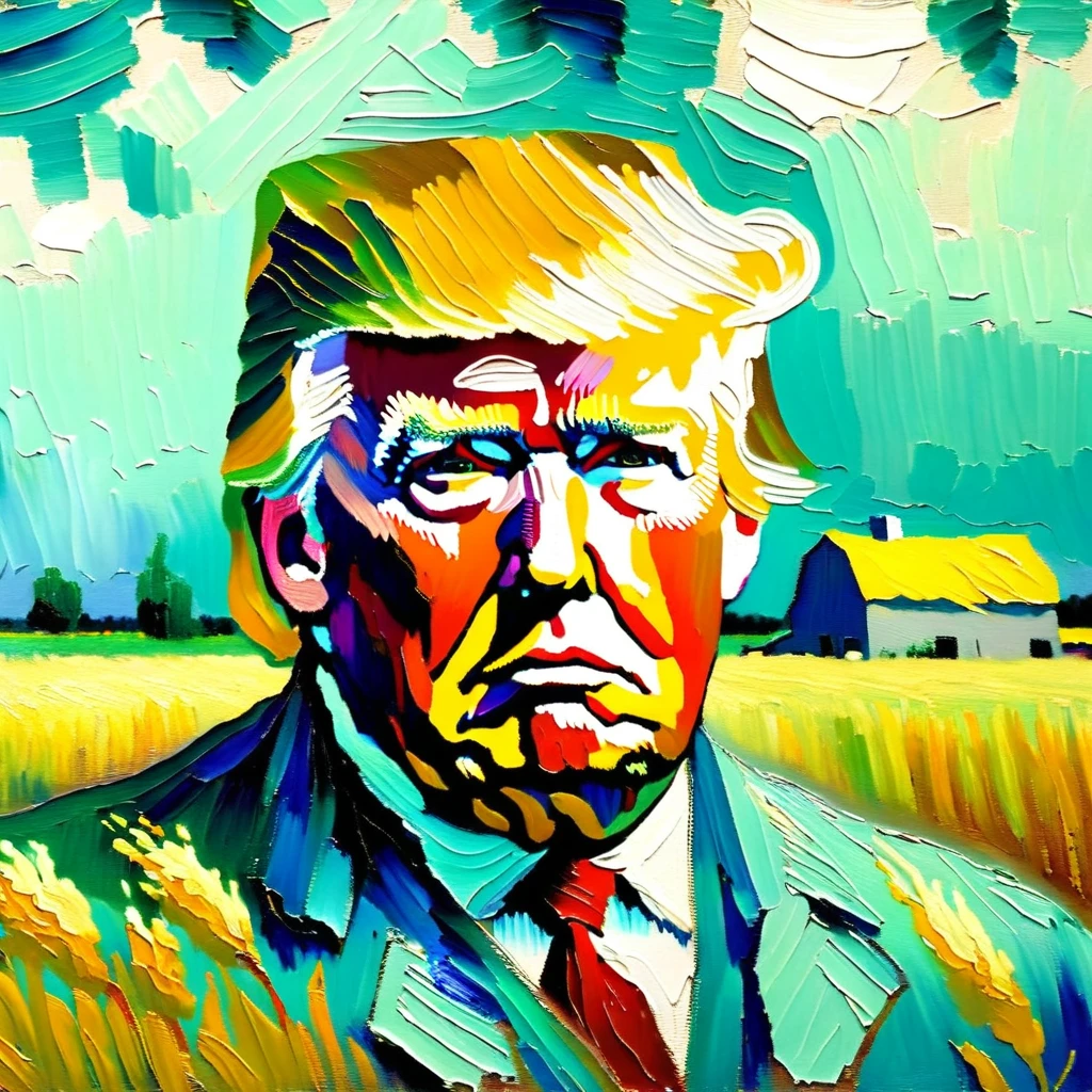 v0ng44g,  p0rtr14t,  soft, blurry oil painting portrait of a close-up photo of a (((Donald Trump por Van Gogh))),  farm field backdrop heavy brush strokes,  por Van Gogh,