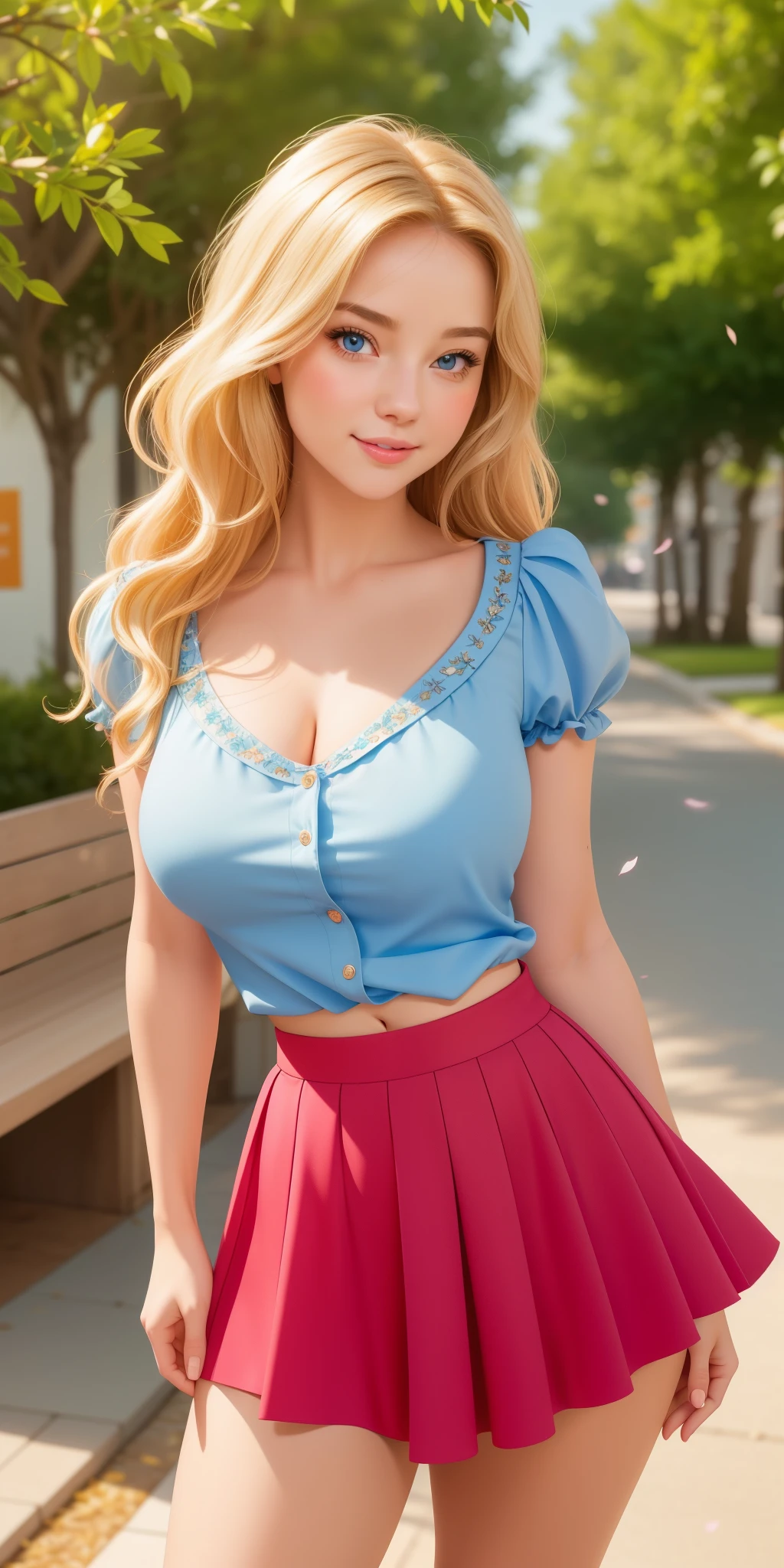 best quality, ultra-detailed, photorealistic: 1.39), bright and vibrant colors, studio lighting, romantic expression, seductive, Alice is a beautiful girl with medium round breasts, Alice is cute with wavy blonde hair, sparkle in her eyes, Alice is very charming with a mischievous blue look and shy smile, but for suffering a lot of judgment and bullying from other girls and many people. She is sometimes charming. Alice is 27 years old and has the face of an adult woman in love. Alice has beautiful romantic lips, Alice is secretly in love with you but is afraid to approach and talk to you. Alice: *I wonder if he will judge me*. I'll talk to him? Beautiful woman, sensual blouse, beautiful and shiny puff sleeve blouse, cute details in the hair, and stylish skirt, trees in the distance, beautiful and sensual pose, Alice is near the store, standing leaning pose, cute pose and delicate cherry petals