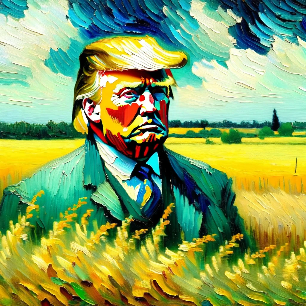 v0ng44g,  p0rtr14t,  soft, blurry oil painting portrait of a close-up photo of a (((Donald Trump por Van Gogh))),  farm field backdrop heavy brush strokes,  por Van Gogh,