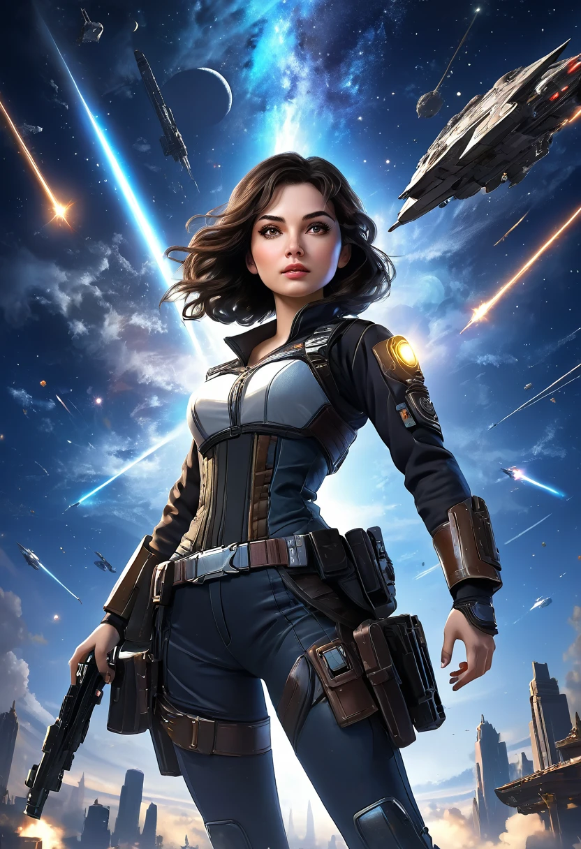 ((masterpiece, best quality)), (1woman), (solo), (female focus),(very detailed face, real image, realistic white skin, realistic body, intricate details), upper body, serious , brown eyes, looking at the viewer, black hair, medium breasts, starry night, moon, Blaster on her utility belt spaceships flying and shooting lasers, Background is full of the night sky battle