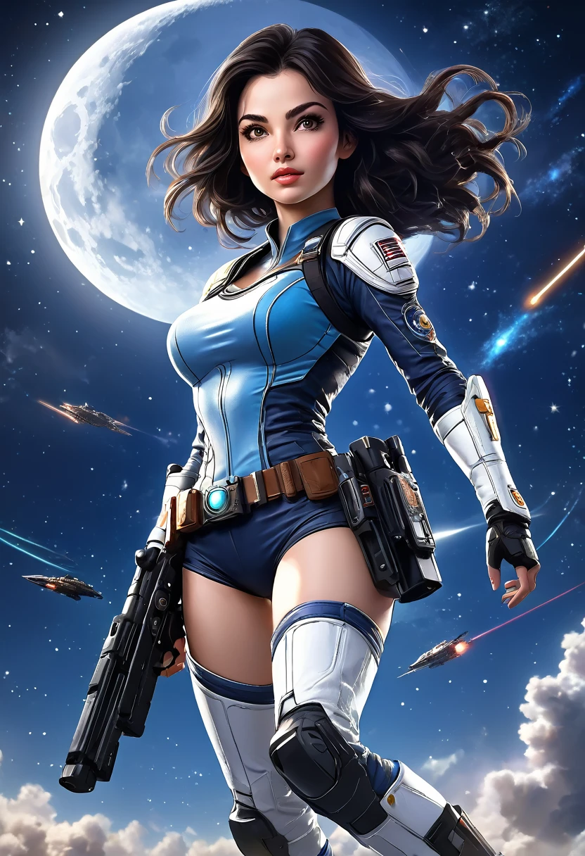 ((masterpiece, best quality)), (1woman), (solo), (female focus),(very detailed face, real image, realistic white skin, realistic body, intricate details), upper body, serious , brown eyes, looking at the viewer, black hair, medium breasts, starry night, moon, Blaster on her utility belt spaceships flying and shooting lasers, Background is full of the night sky battle